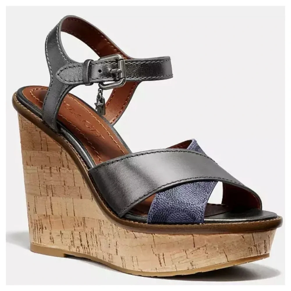 Coach Cross Band High Wedge Sandal size 8.5 B silver/tan